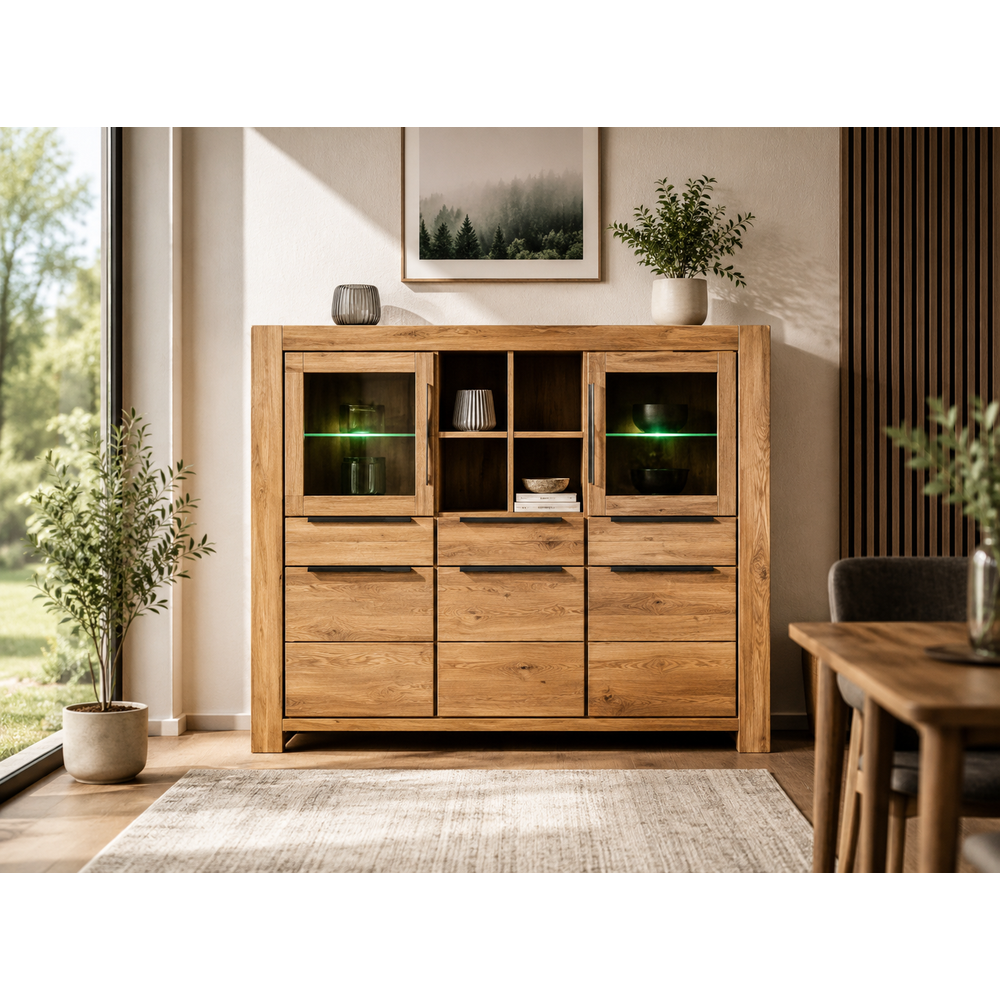 Highboard SINA Wildeiche teilmassiv geölt – Vitrine mit Glastüren & 3 Schubkästen