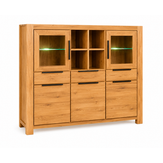 Highboard SINA Wildeiche teilmassiv geölt – Vitrine mit Glastüren & 3 Schubkästen