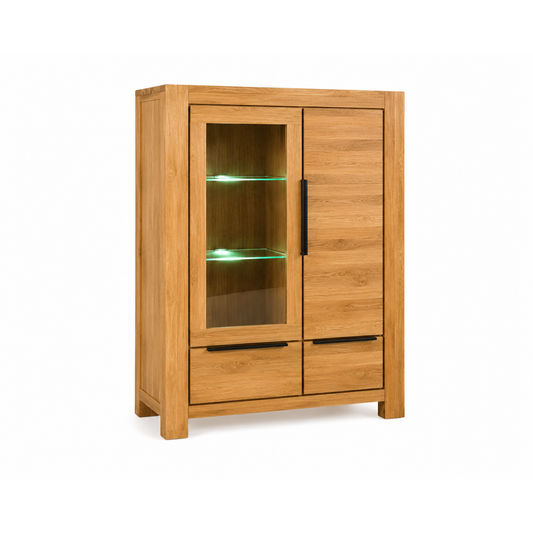 Vitrine SINA Wildeiche teilmassiv geölt – Vitrinenschrank mit 2 Glastüren & 3 Schubkästen