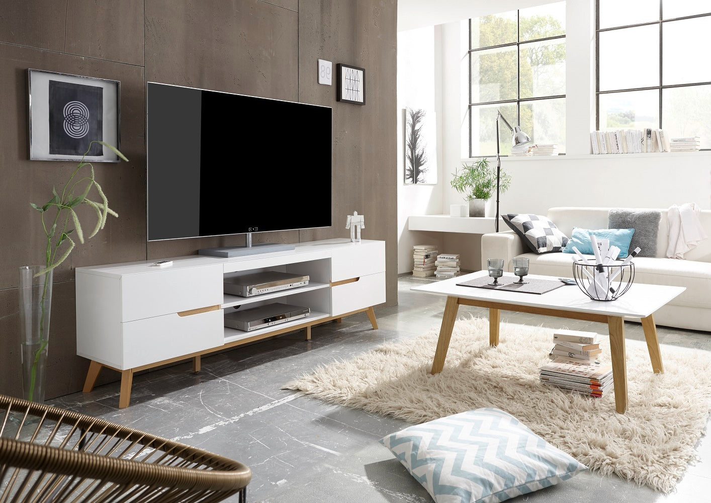 Garderobe Kommode Schrank weiß matt MDF Asteiche furniert Massiv 85 cm Cervin
