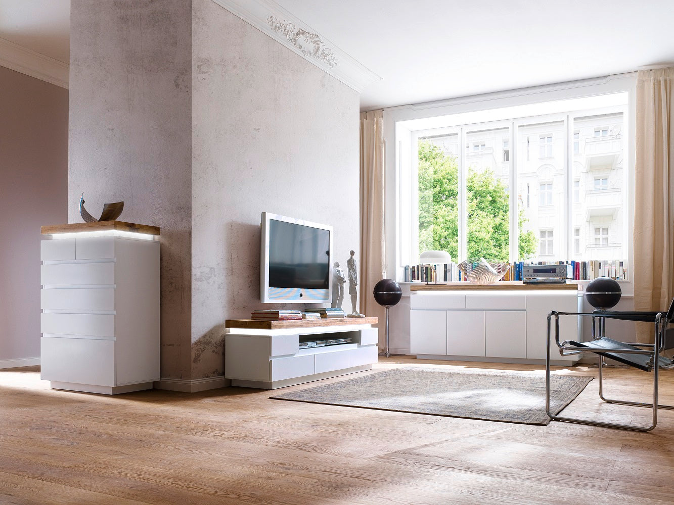 Highboard Schrank weiß matt Eiche massiv Griffräsung 120 cm Romino