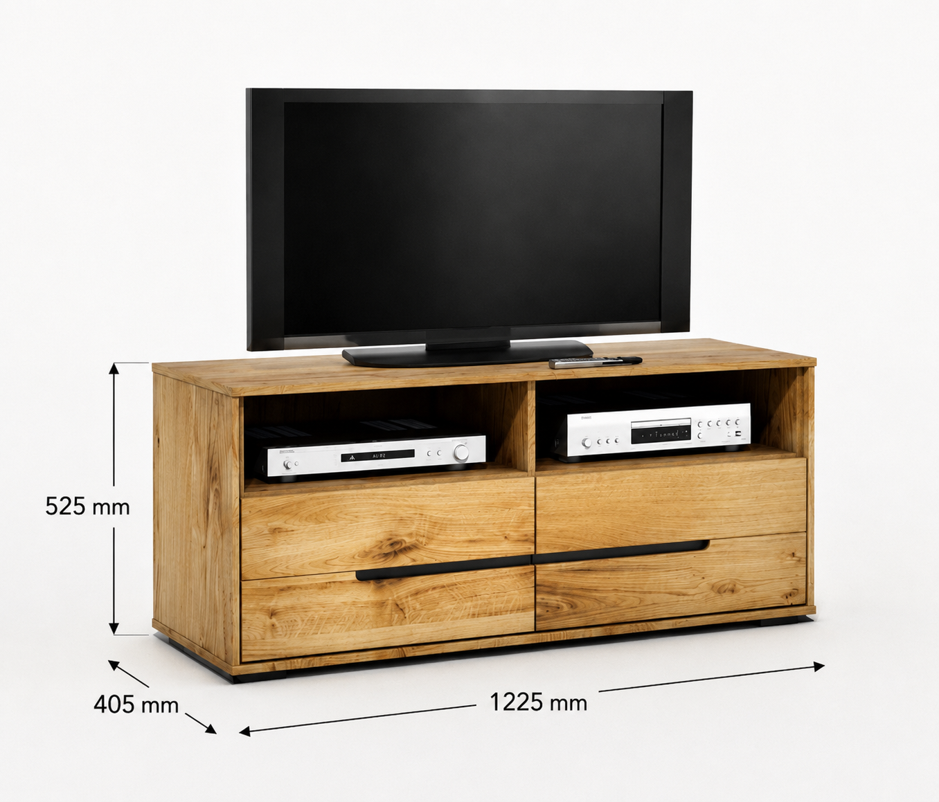 TV-Kommode B 122,5 x H 52,5 x T 40,5 cm LOLA – Eiche teilmassiv mit 2 Schubladen und offenen Fächern