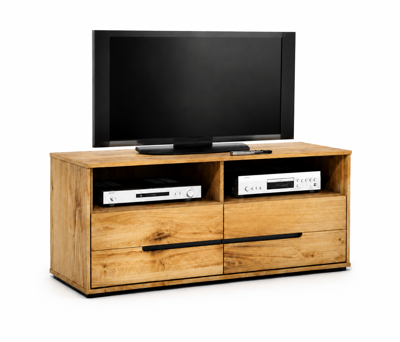 TV-Kommode B 122,5 x H 52,5 x T 40,5 cm LOLA – Eiche teilmassiv mit 2 Schubladen und offenen Fächern