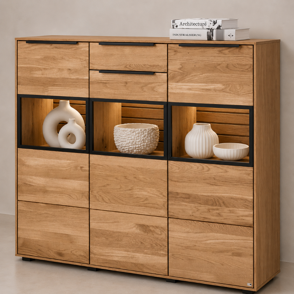 Highboard JACKSON – Eiche teilmassiv mit LED-Beleuchtung