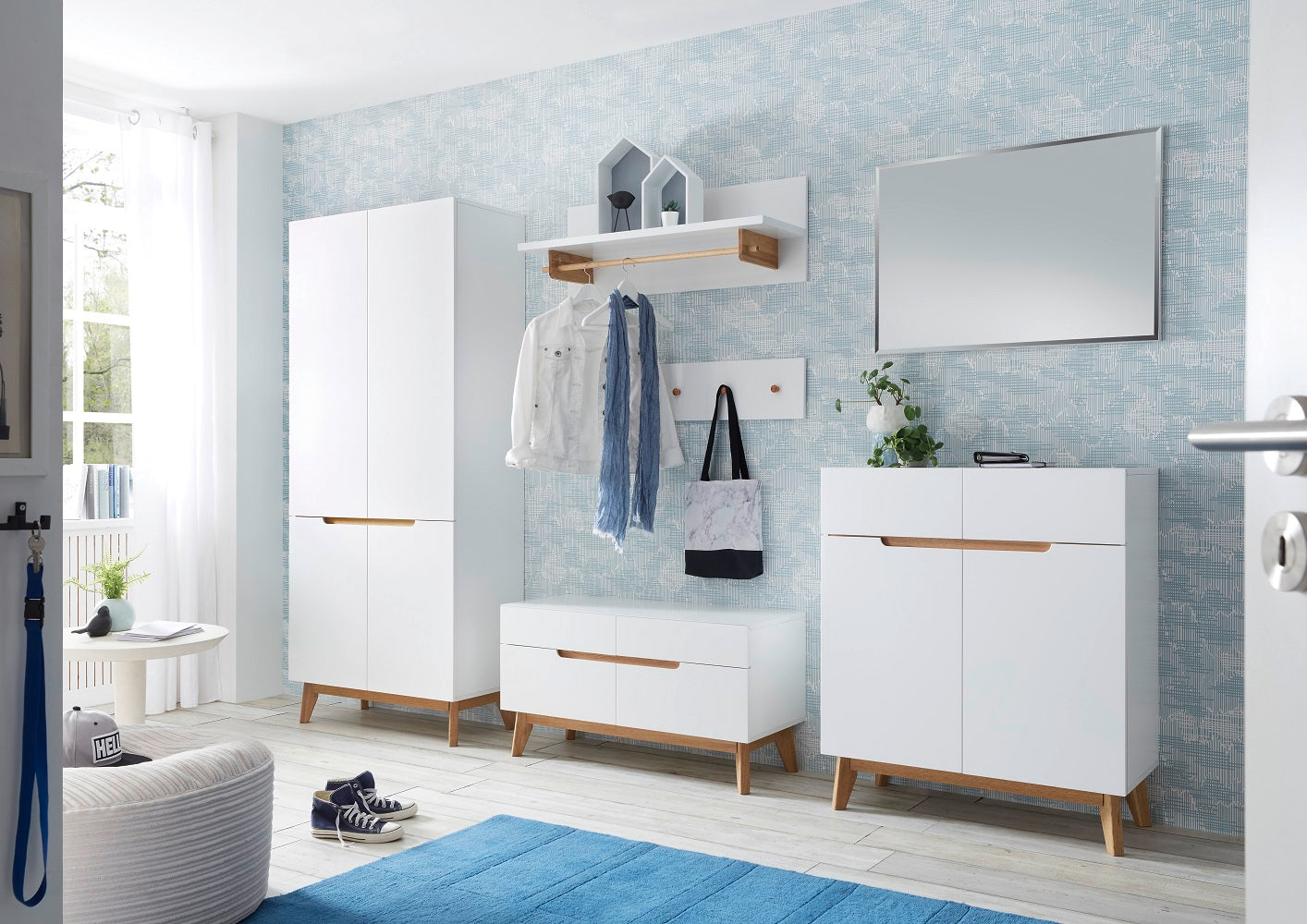 Garderobe Sitzbank Schrank Flur weiß matt MDF Asteiche furniert Massiv 97 cm