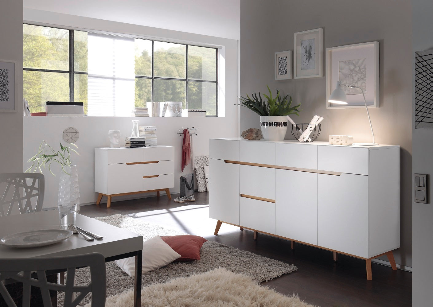 Kommode Schrank weiß matt MDF Asteiche furniert Massivholz 97 cm T01 Cervin