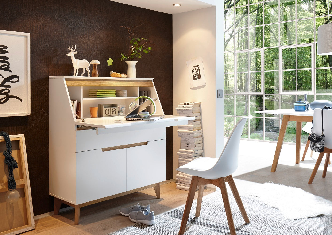 Nachtkonsole Nachtschrank weiß matt MDF Asteiche furniert Massiv Schublade 48 cm