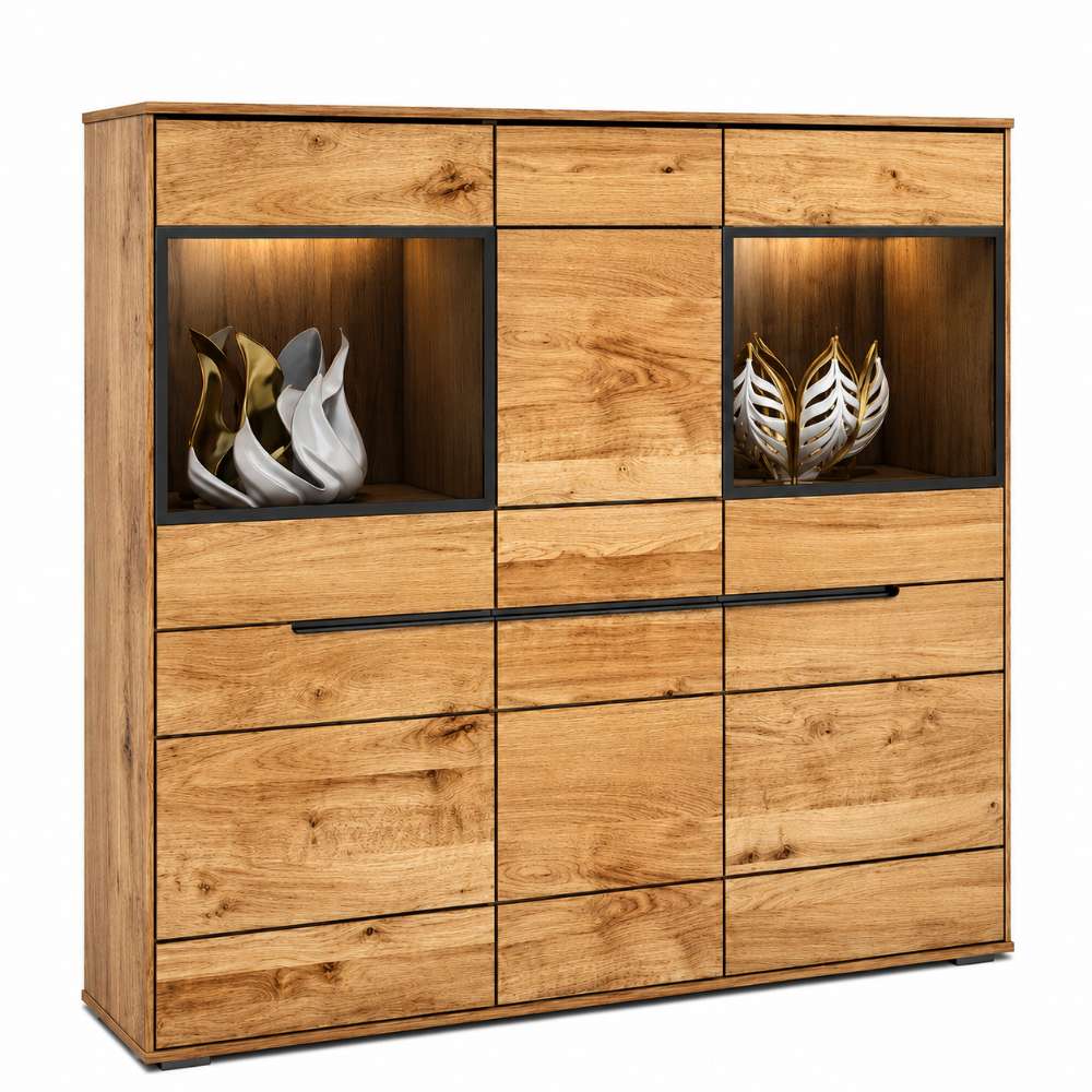 Highboard LOLA – Eiche teilmassiv mit Glastüren und Soft-Close