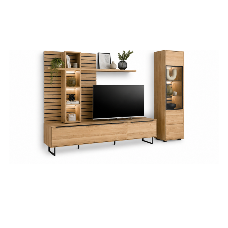 Wohnwand JACKSON – Eiche teilmassiv mit LED-Beleuchtung