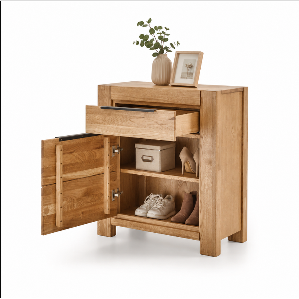 JURIA-Garderobe – Kommode, Eiche massiv/Eiche furniert