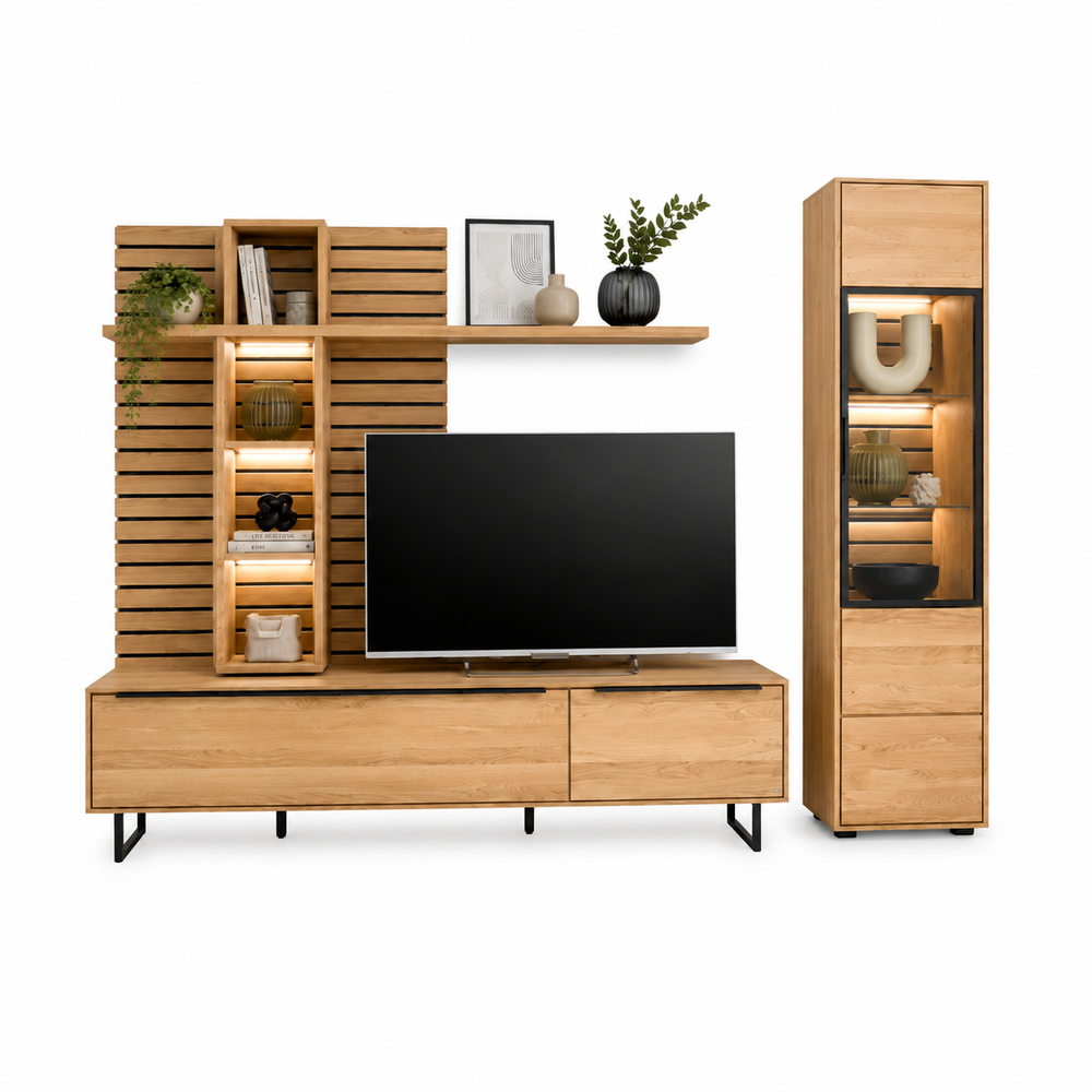 Wohnwand JACKSON – Eiche teilmassiv mit LED-Beleuchtung