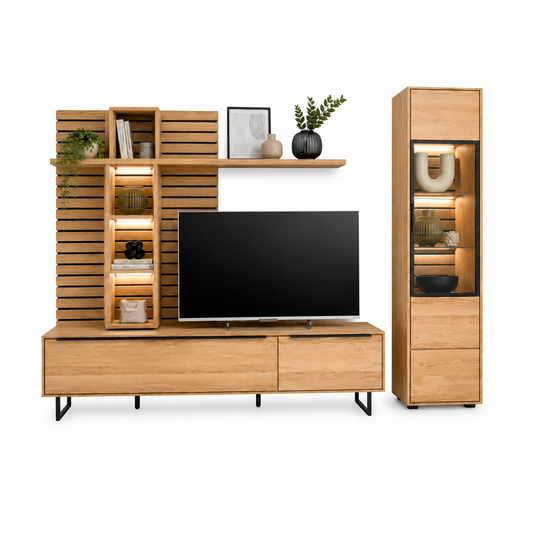 Wohnwand JACKSON – Eiche teilmassiv mit LED-Beleuchtung