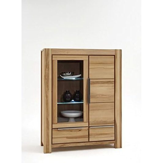 Vitrine B 173 x H 140 x T 45 cm NENA BUK – Massive Buche mit Glastür, Holztür &amp; 2 Schubladen