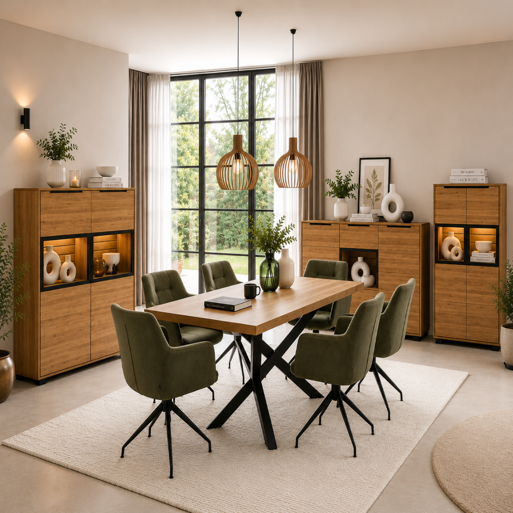 Highboard JACKSON – Eiche teilmassiv mit LED-Beleuchtung